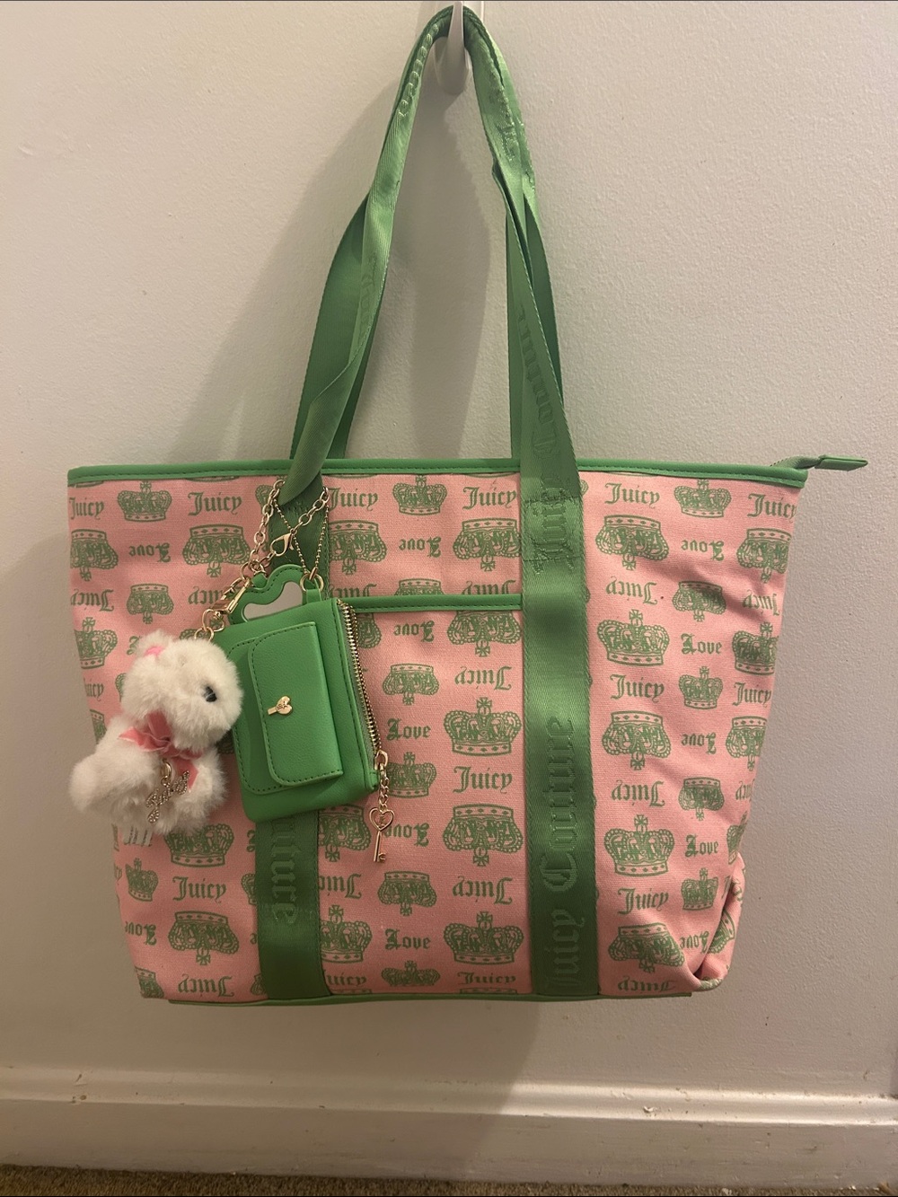 Juicy Couture Pink & Green Logo Tote with Charm Accent
